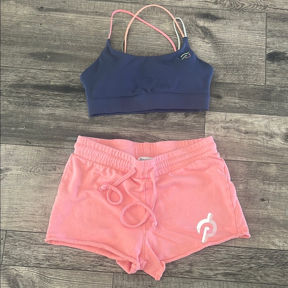 Peloton Pink Athletic Shorts with matching strappy sports bra